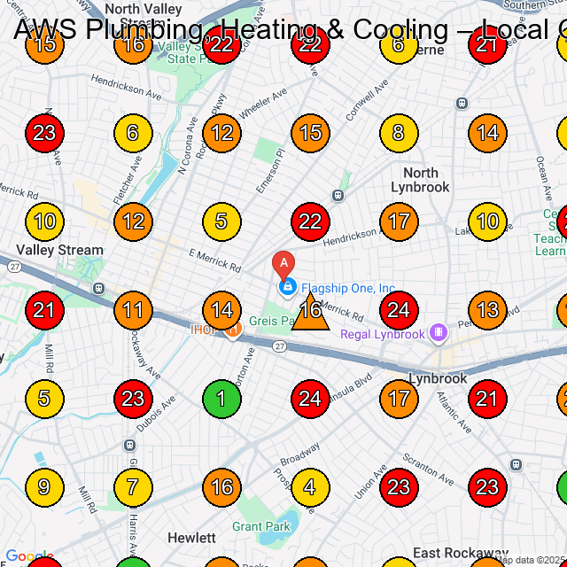 AWS Plumbing, Heating & Cooling Hvac Contractor GeoGrid ranking map for Lynbrook NY